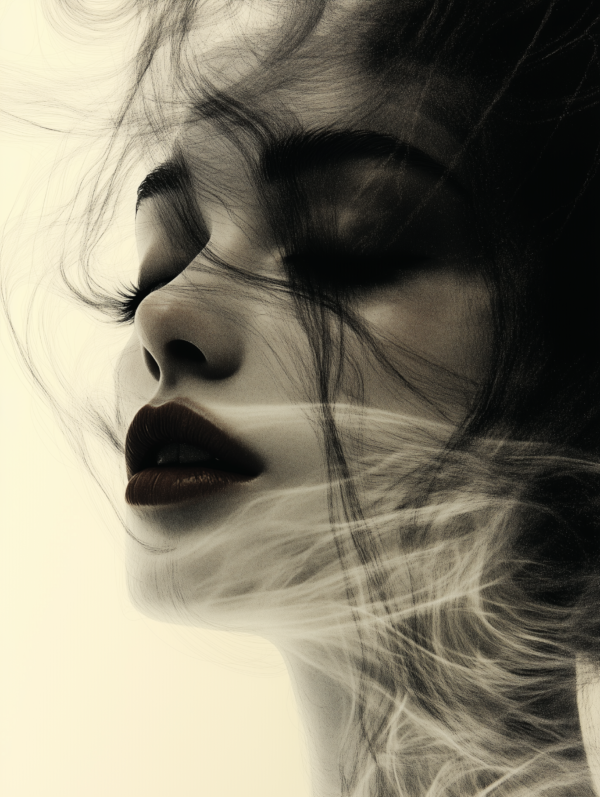 Close-up of a woman’s face illuminated softly, surrounded by flowing smoke or hair, embodying serenity, femininity, and the fleeting nature of beauty.