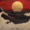 Golden sun descending into turbulent waves, with fiery shades of crimson and obsidian, symbolizing chaos and tranquility.
