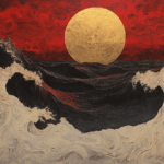 Golden sun descending into turbulent waves, with fiery shades of crimson and obsidian, symbolizing chaos and tranquility.
