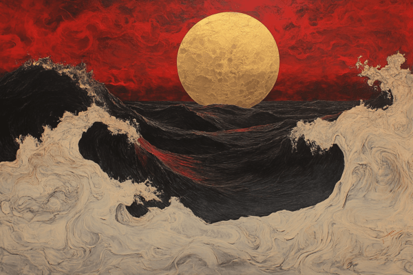 Golden sun descending into turbulent waves, with fiery shades of crimson and obsidian, symbolizing chaos and tranquility.