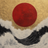 Bold red sun above a swirling black and white sea, symbolizing the balance of opposing forces and the beauty found in chaos and grace, with golden light adding a divine touch.