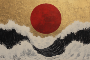 Bold red sun above a swirling black and white sea, symbolizing the balance of opposing forces and the beauty found in chaos and grace, with golden light adding a divine touch.