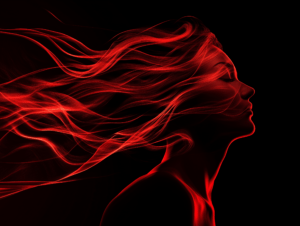 Abstract art of a red silhouette with flowing strands, symbolizing movement and vitality, set against a dark background to evoke passion, energy, and self-expression.