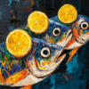 Abstract painting of three colorful fish with lemon slices on their heads, set against a deep blue backdrop, conveying a playful and lively atmosphere.