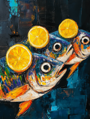 Abstract painting of three colorful fish with lemon slices on their heads, set against a deep blue backdrop, conveying a playful and lively atmosphere.