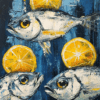 Painting of three fish with bright yellow lemon slices on their heads, against a deep blue background, showcasing a whimsical and colorful composition.