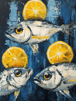 Painting of three fish with bright yellow lemon slices on their heads, against a deep blue background, showcasing a whimsical and colorful composition.