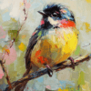 A colorful songbird with vibrant blues, yellows, pinks, and greens, perched on a branch in a textured, expressive painting.