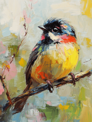 A colorful songbird with vibrant blues, yellows, pinks, and greens, perched on a branch in a textured, expressive painting.