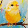 A fluffy yellow chickadee with expressive eyes, perched on a branch against a pastel-hued background in a vibrant, textured painting.