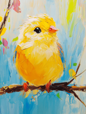 A fluffy yellow chickadee with expressive eyes, perched on a branch against a pastel-hued background in a vibrant, textured painting.