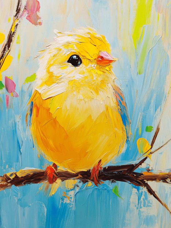 A fluffy yellow chickadee with expressive eyes, perched on a branch against a pastel-hued background in a vibrant, textured painting.