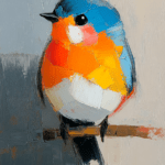 A charming bluebird with a vivid blue head and warm orange chest, perched against a soft, muted background in a textured, expressive painting.