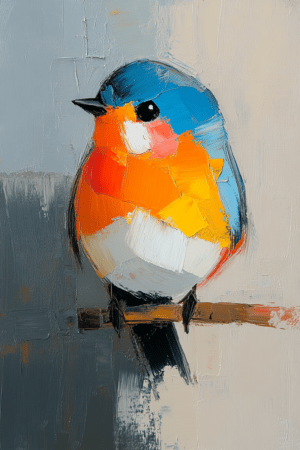 A charming bluebird with a vivid blue head and warm orange chest, perched against a soft, muted background in a textured, expressive painting.