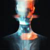 A stylized figure with glitch-like distortions and vibrant hues, contrasting cool and warm tones to highlight its fragmented nature, inviting reflection on identity and technology in modern life.