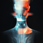 A stylized figure with glitch-like distortions and vibrant hues, contrasting cool and warm tones to highlight its fragmented nature, inviting reflection on identity and technology in modern life.