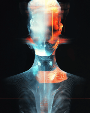 A stylized figure with glitch-like distortions and vibrant hues, contrasting cool and warm tones to highlight its fragmented nature, inviting reflection on identity and technology in modern life.