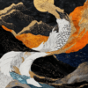A stunning abstract art print of a dragon amidst mountains and flowing waters, in gold, black, and vibrant hues, under a glowing full moon, evoking harmony, transformation, and strength.