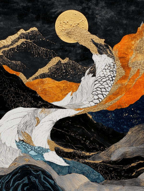 A stunning abstract art print of a dragon amidst mountains and flowing waters, in gold, black, and vibrant hues, under a glowing full moon, evoking harmony, transformation, and strength.
