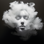 A calm face enveloped in swirling mist, with soft lighting and shadows creating an ethereal, dreamlike presence that evokes tranquility and mystery.