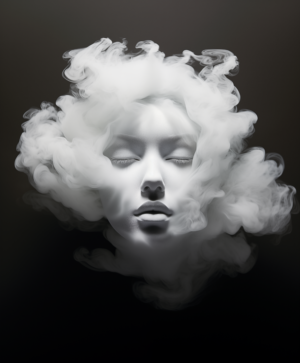 A calm face enveloped in swirling mist, with soft lighting and shadows creating an ethereal, dreamlike presence that evokes tranquility and mystery.