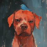 An abstract painting featuring a vibrant orange dog with a small blue bird perched on its head, set against a textured, colorful background.