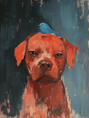 An abstract painting featuring a vibrant orange dog with a small blue bird perched on its head, set against a textured, colorful background.