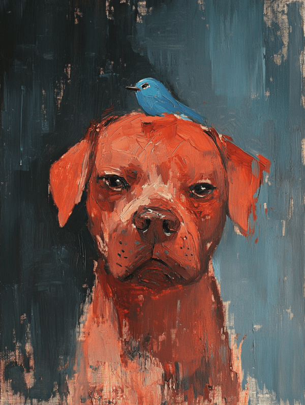 An abstract painting featuring a vibrant orange dog with a small blue bird perched on its head, set against a textured, colorful background.