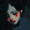 An expressive painting of a contemplative figure, featuring dark tones with bold red highlights, symbolizing vulnerability and self-reflection.