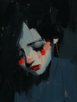 An expressive painting of a contemplative figure, featuring dark tones with bold red highlights, symbolizing vulnerability and self-reflection.