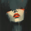 A textured painting of a partially hidden face with striking red lips, set against a dark background, exploring themes of identity and perception.