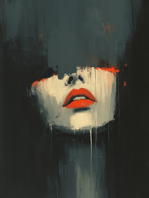 A textured painting of a partially hidden face with striking red lips, set against a dark background, exploring themes of identity and perception.