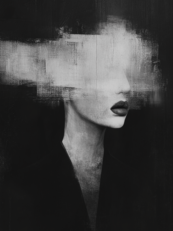 A monochrome painting of a partially obscured face, featuring smooth textures and blurred edges that evoke themes of anonymity and fleeting identity.