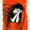A striking artwork of a figure resting her head on crossed arms, drawn in bold black lines against a vibrant orange background, evoking introspection and emotional depth.