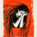 A striking artwork of a figure resting her head on crossed arms, drawn in bold black lines against a vibrant orange background, evoking introspection and emotional depth.