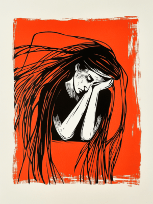A striking artwork of a figure resting her head on crossed arms, drawn in bold black lines against a vibrant orange background, evoking introspection and emotional depth.