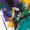 An abstract painting with deep purples, bright yellows, and rich teals, featuring bold strokes and fluid forms that evoke movement, spontaneity, and vibrant chaos.