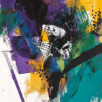 An abstract painting with deep purples, bright yellows, and rich teals, featuring bold strokes and fluid forms that evoke movement, spontaneity, and vibrant chaos.