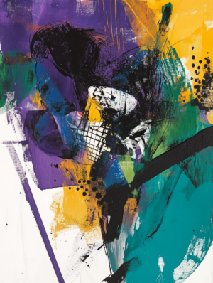 An abstract painting with deep purples, bright yellows, and rich teals, featuring bold strokes and fluid forms that evoke movement, spontaneity, and vibrant chaos.
