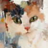 An abstract close-up painting of a cat’s face, showcasing bold brushstrokes, a mix of warm and cool tones, and captivating green eyes.