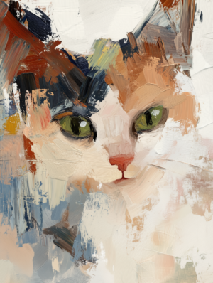 An abstract close-up painting of a cat’s face, showcasing bold brushstrokes, a mix of warm and cool tones, and captivating green eyes.