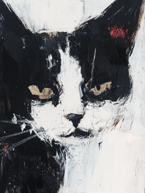 An abstract painting of a black and white cat with bold brushstrokes, high contrast, and striking golden eyes that add warmth and depth.