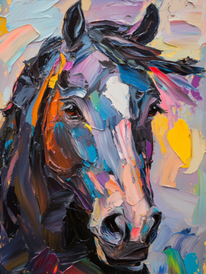 A colorful abstract painting of a horse’s head, featuring dynamic brushstrokes and a blend of warm and cool tones that convey movement and vitality.