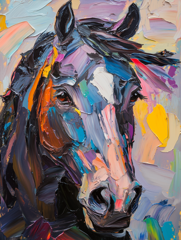 A colorful abstract painting of a horse’s head, featuring dynamic brushstrokes and a blend of warm and cool tones that convey movement and vitality.