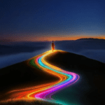 A figure stands atop a hill at twilight, with a swirling path of colorful light winding down the slope, contrasting against the deep blue evening sky, symbolizing the journey of hope and creativity.