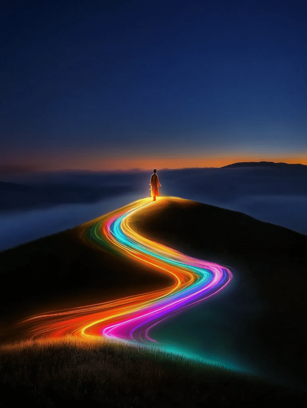 A figure stands atop a hill at twilight, with a swirling path of colorful light winding down the slope, contrasting against the deep blue evening sky, symbolizing the journey of hope and creativity.