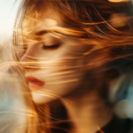A close-up of a person with flowing hair, softly illuminated by warm light, eyes closed in peaceful reflection, with a dreamy bokeh background enhancing the tranquil atmosphere.