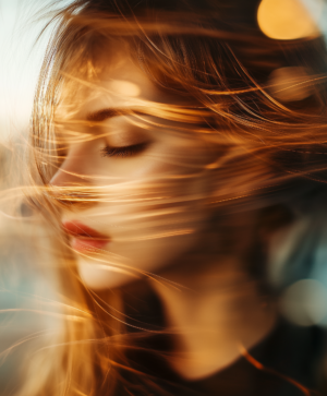 A close-up of a person with flowing hair, softly illuminated by warm light, eyes closed in peaceful reflection, with a dreamy bokeh background enhancing the tranquil atmosphere.