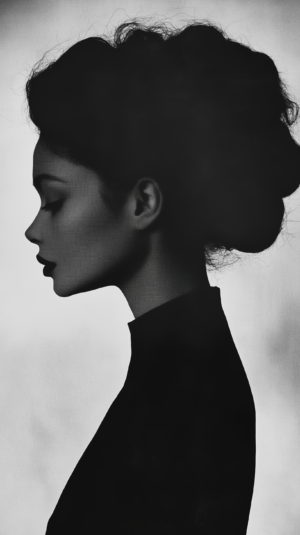 Black-and-white profile silhouette of a woman, showcasing smooth facial lines and intricate hair details against a soft, minimalist background.