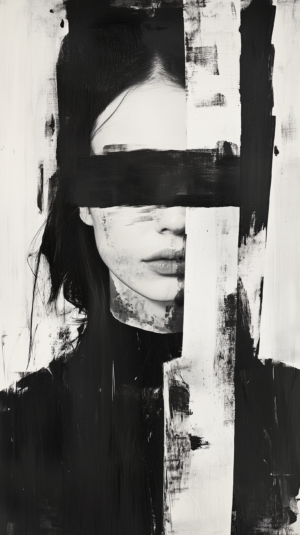 Black-and-white painting of a partially hidden face, with dramatic light and shadow interplay, evoking themes of mystery, anonymity, and introspection.